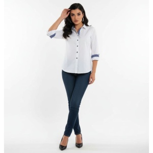 Camasa dama alba office Luxury Slim Fit EASY IRON cu garnitura bleumarin cu buline albe - Img 7