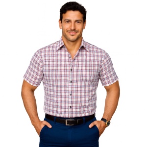 Camasa maneca scurta regular casual barbati in carouri burgundy si galbene Luxury Classic Fit EASY IRON