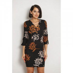 Rochie cambrata neagra cu imprimeu floral si maneci trei sferturi