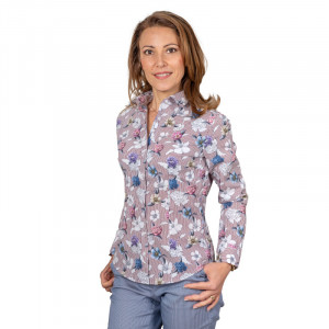Camasa alba dama Luxury Slim Fit EASY IRON cu imprimeu floral si dungulite roz inchis