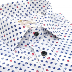 Camasa alba slim casual barbati cu mini trifoi bleumarin si rosu Luxury Slim Fit EASY IRON - Img 2