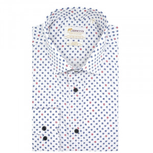Camasa alba slim casual barbati cu mini trifoi bleumarin si rosu Luxury Slim Fit EASY IRON - Img 3