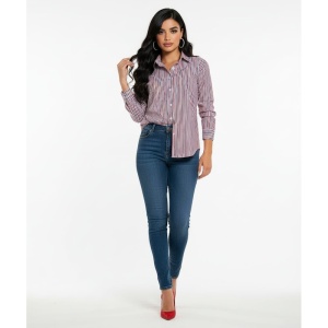 Camasa dama alba Luxury Slim Fit EASY IRON cu dungi rosii si bleumarin - Img 5
