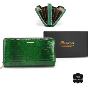 Portofel dama piele naturala, cu fermoar dublu, JERMYN'S Georgina, verde cu patern crocodile