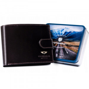 Portofel premium barbati PETERSON Alcott RFID din piele naturala maro inchis cu inchidere prin capsa