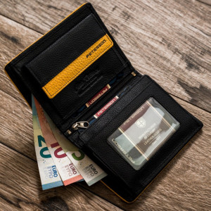 Portofel premium barbati PETERSON RFID Clark din piele naturala neagra cu detaliu galben - Img 7