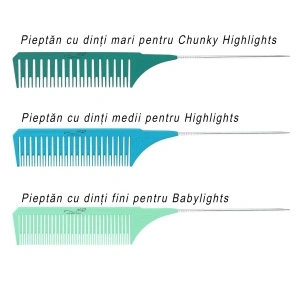 Set 3 piepteni profesionali pentru separarea suvitelor, Marinela Radu, pentru balayage, cu coada de metal anti alunecare, 25.5 x 3.5 cm, multicolor - Img 2