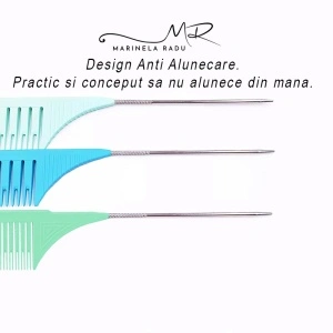 Set 3 piepteni profesionali pentru separarea suvitelor, Marinela Radu, pentru balayage, cu coada de metal anti alunecare, 25.5 x 3.5 cm, multicolor - Img 3