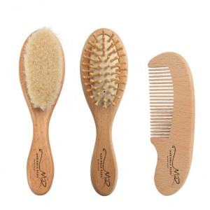 Set Perie si Pieptan de par pentru bebelusi, Marinela Radu, din par natural, din lemn, 3 piese