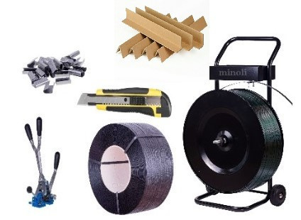 Pachet bandă PP 16 mm + cleste + capse + cărucior + cutter plastic + coltare carton 35*30*3*100 mm