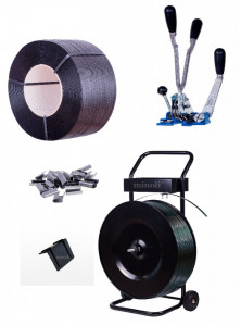 Pachet bandă PP 12 mm + cleste + capse + cărucior + cutter uz industrial + coltare plastic 4*4 cm