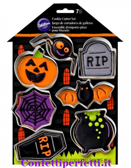 Halloween. Casa dei fantasmi, 7 tagliapasta in metallo. Zucca Pipistrello Ragno Bara Lapide e Ragnatela.Wilton