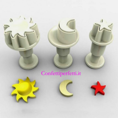 Sole Luna e Stella. Set 3 mini stampi ad espulsione. Originale Dekofee