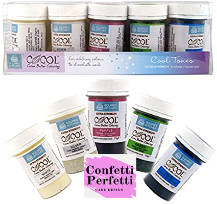 5 coloranti al Burro di Cacao per Cioccolato. Bianco, Argento, Viola, Verde e Blu. Cocol. Squires Kitchen