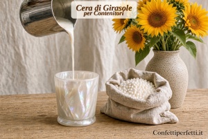 Cera di girasole versata nel contenitore in vetro madreperla: liscia, naturale e pronta per le tue candele. Accanto, girasoli e confetti bianchi per un allestimento luminoso.