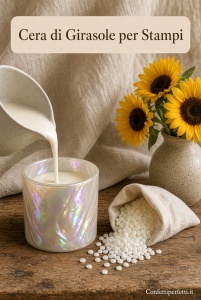 Cera di girasole extra bianca versata in un vasetto di vetro madreperla champagne, con pastiglie e girasoli