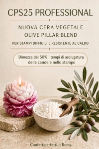 Cera vegetale Olive CPS25 Pillar Blend per stampi difficili e resistente al caldo, con candela a peonia e ciotola di perle di cera