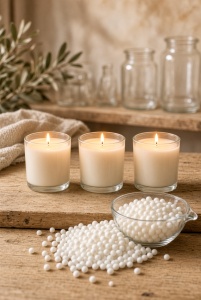 Candele in contenitore accese in cera vegetale EcoOlive Container Kerax e perle