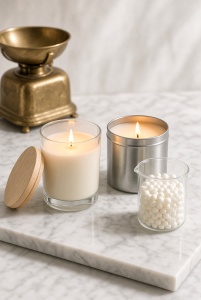 Candele accese in vetro e latta in cera di soia KeraSoy 4130 Kerax con perle