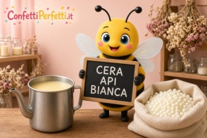 Colata di cera d’api bianca in un barattolo, con sacco di perle e stoppino