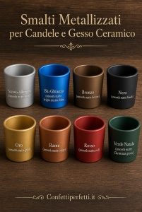 Smalti metallizzati a base acqua per candele e gesso ceramico, finitura opaca e liscia, applicati su vasetti di gesso nei colori Acciaio-Alluminio, Blu Ghiaccio intenso, Bronzo, Nero, Oro, Rame, Rosso e Verde Natale – Confettiperfetti.it