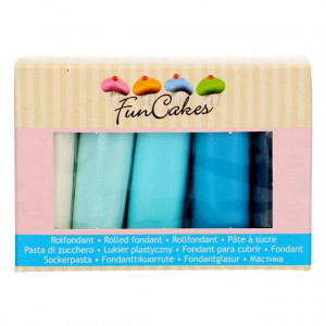 5 Colori. Blu pastello, Blu baby, Blu mare, Blu denim e Bianco brillante. Pasta di zucchero. Senza Glutine