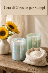 Candele di cera di girasole in vasetti di vetro madreperla acquamarina e verde, con pastiglie e girasoli