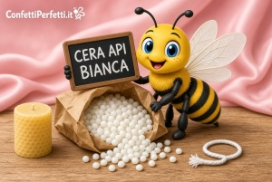 Perle di cera d’api bianca versate da un sacchetto kraft, con barattolo e candela
