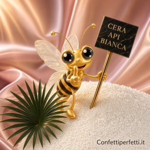 Mascotte Confetti Perfetti con cartello Cera api bianca e perle di cera d’api su raso rosa.