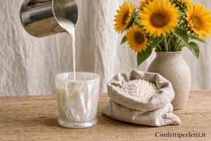 Colata di cera di girasole extra bianca in un contenitore di vetro madreperla, con pastiglie, girasoli freschi e scritta Confetti Perfetti.