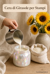 Colata di cera di girasole extra bianca in un vasetto di vetro madreperla bianco, con pastiglie e girasoli