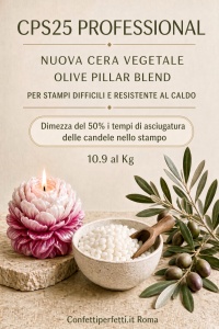 Nuova cera vegetale Olive Pillar Blend CPS25 Professional. Pensata per stampi difficili e per chi lavora con il caldo: dimezza del 50% i tempi di asciugatura delle candele nello stampo.