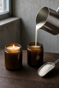 Colata di cera di soia KeraSoy 4130 Kerax in vaso ambra e candela accesa