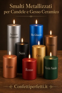 Smalti metallizzati a base acqua per candele e gesso ceramico, finitura opaca e liscia, applicati su candele accese nei colori Acciaio-Alluminio, Blu Ghiaccio, Bronzo, Nero, Oro, Rame, Rosso e Verde Natale – Confettiperfetti.it