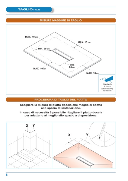 Pagina tecnica originale Kinedo: quote, forma, scarico e limiti di lavorazione. Verificare la misura selezionata nella tabella.