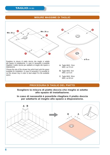 Pagina tecnica originale Kinedo: quote, forma, scarico e limiti di lavorazione. Verificare la misura selezionata nella tabella.