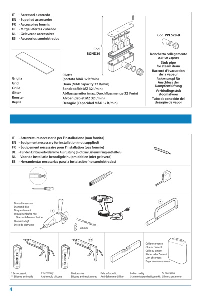 Pagina tecnica originale Kinedo: quote, forma, scarico e limiti di lavorazione. Verificare la misura selezionata nella tabella.