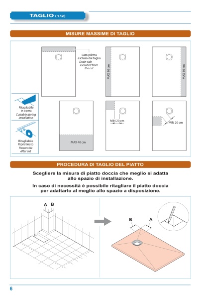 Pagina tecnica originale Kinedo: quote, forma, scarico e limiti di lavorazione. Verificare la misura selezionata nella tabella.