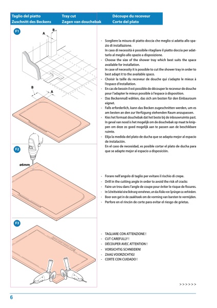 Pagina tecnica originale Kinedo: quote, forma, scarico e limiti di lavorazione. Verificare la misura selezionata nella tabella.