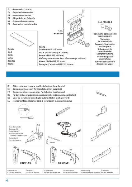 Pagina tecnica originale Kinedo: quote, forma, scarico e limiti di lavorazione. Verificare la misura selezionata nella tabella.
