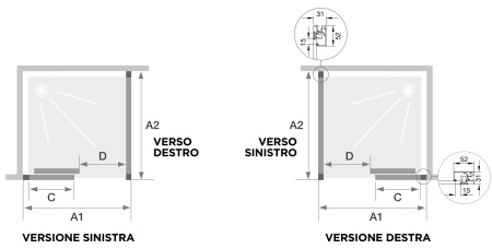 Kinedo FLAT angolo - pianta quotata, versioni S e D
