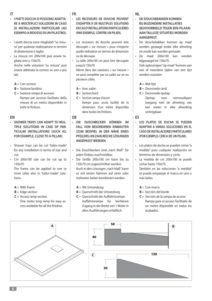 Pagina tecnica originale Kinedo: quote, forma, scarico e limiti di lavorazione. Verificare la misura selezionata nella tabella.