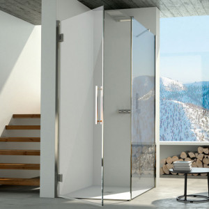Box doccia con porta battente piu lato fisso "Sonia " in acciaio inox