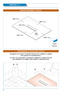 Pagina tecnica originale Kinedo: quote, forma, scarico e limiti di lavorazione. Verificare la misura selezionata nella tabella.