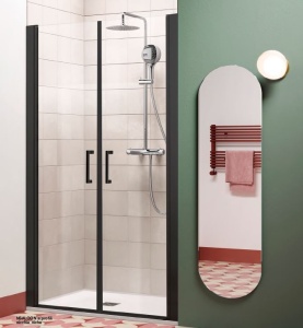Porta doccia Nsaloon per nicchia con apertura saloon, profili neri o cromati, altezza 200 cm