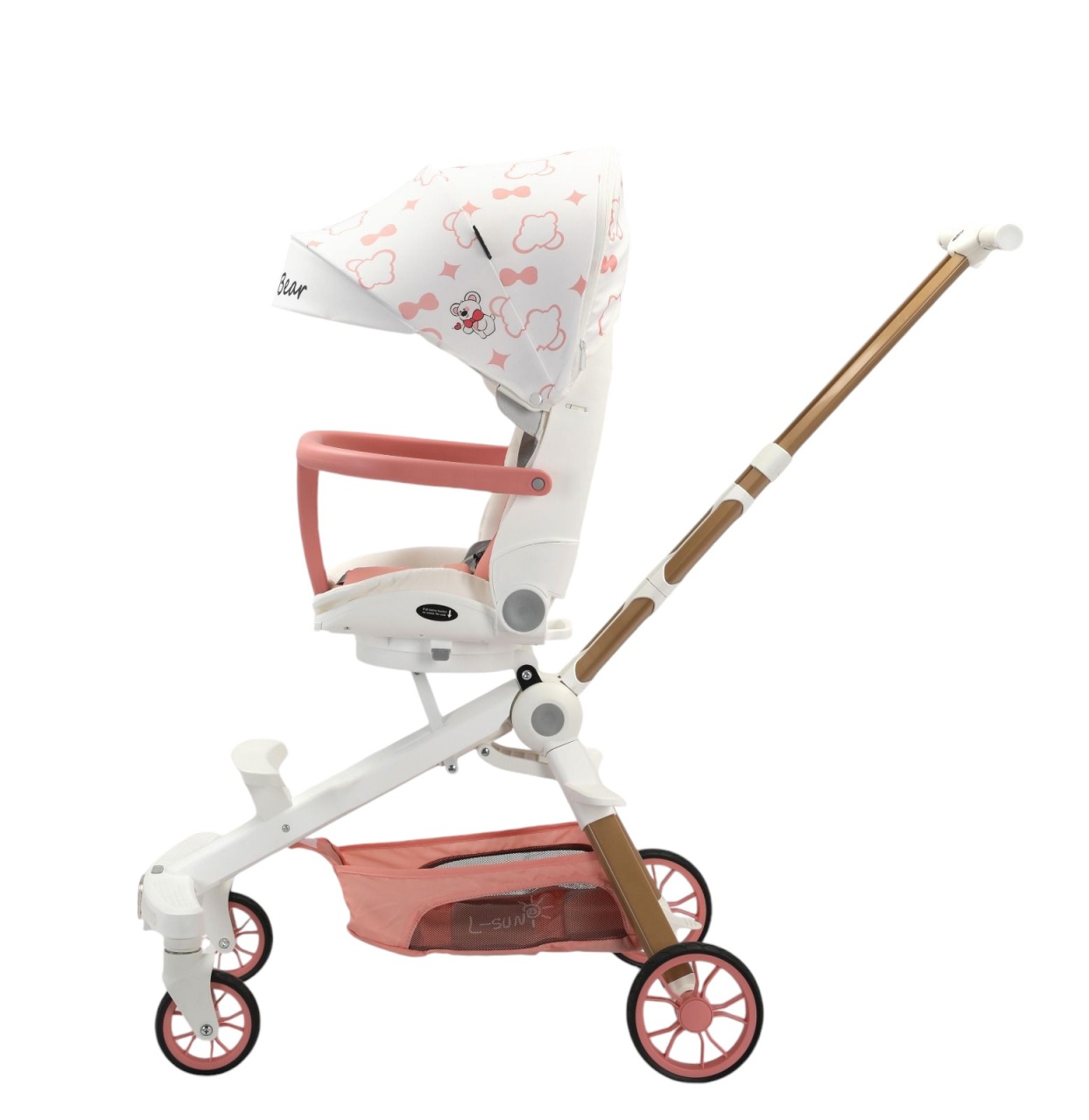 Carucior C2 Deluxe, reversibil, pliabil, cu lumini si muzica, Alb cu roz - 2 | YEO