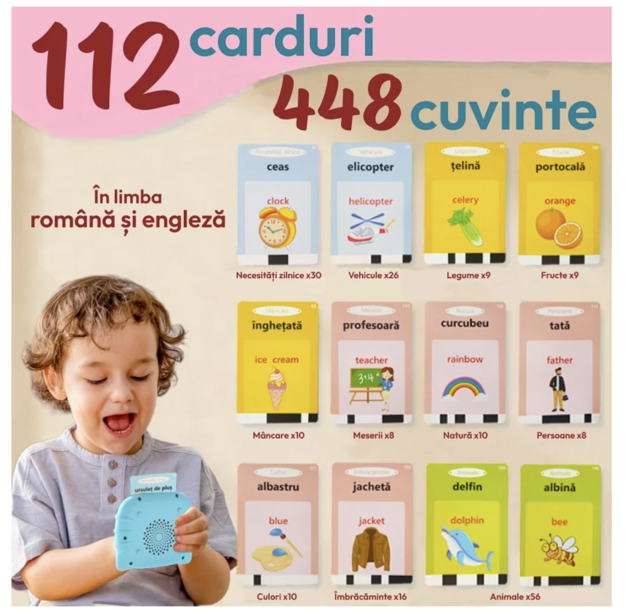 Cititor de carduri educativ – limba romana si engleza – 448 cuvinte, Roz - 2 | YEO