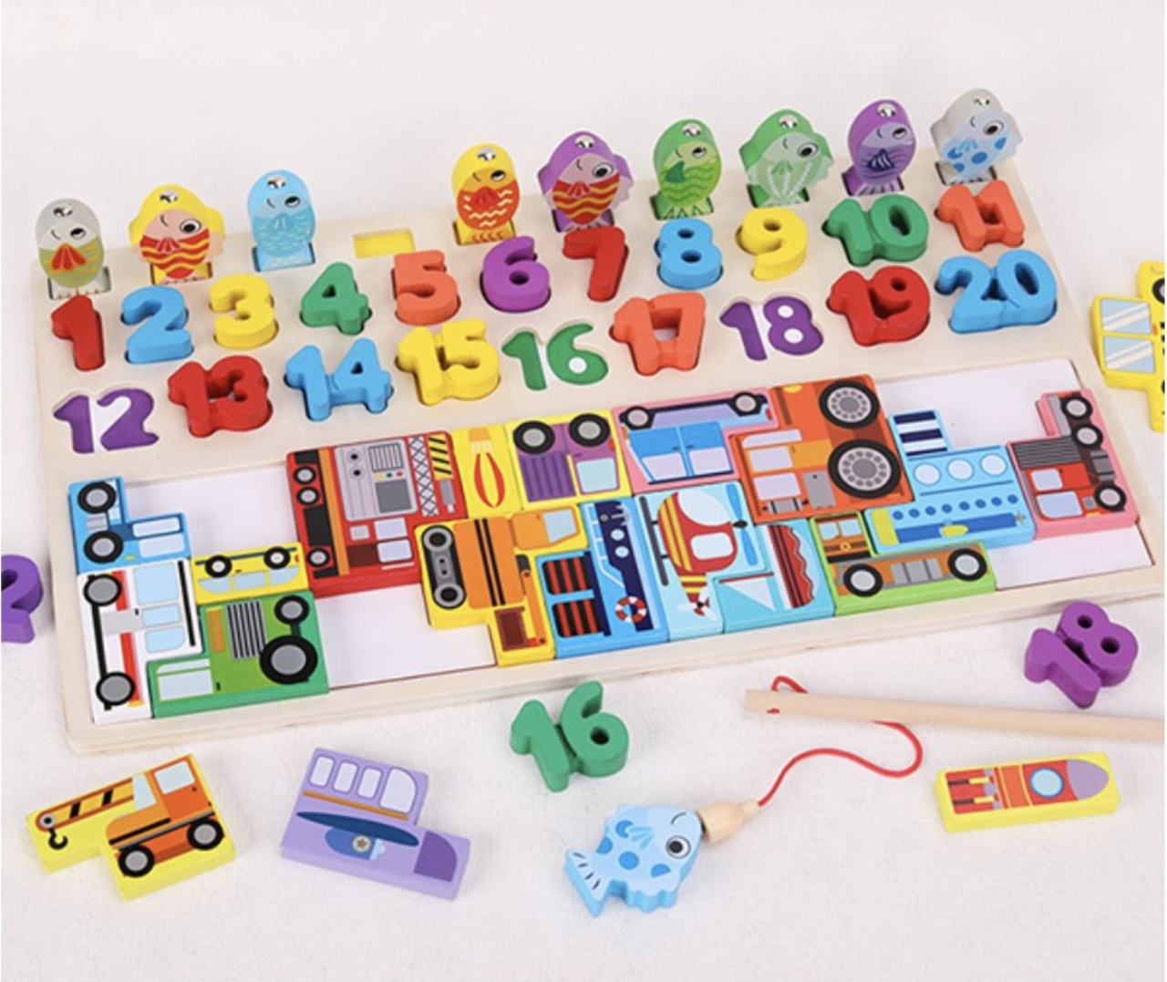 Joc Logarithmic Montessori 4 in 1, cu tetris cu Vehicule, joc de pescuit, cifre, incastru, din lemn - 2 | YEO