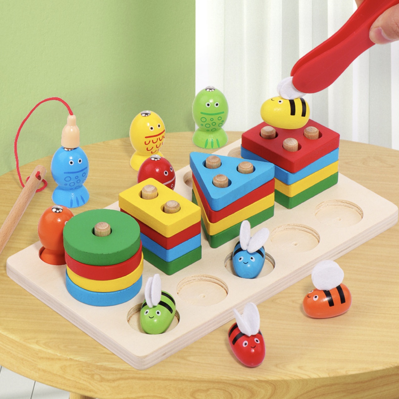 Joc Montessori multifunctional de pescuit, coloane sortatoare si albinutele - 1 | YEO