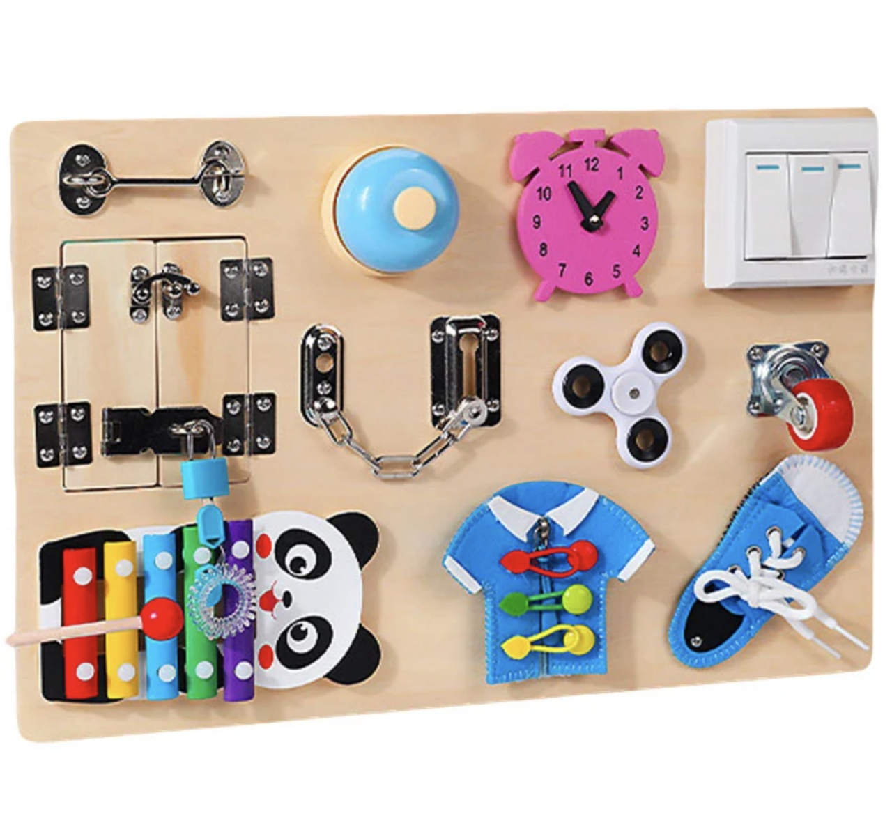 Joc Montessori Placa Busy Board cu 11 Activități, Panda, din lemn - 2 | YEO